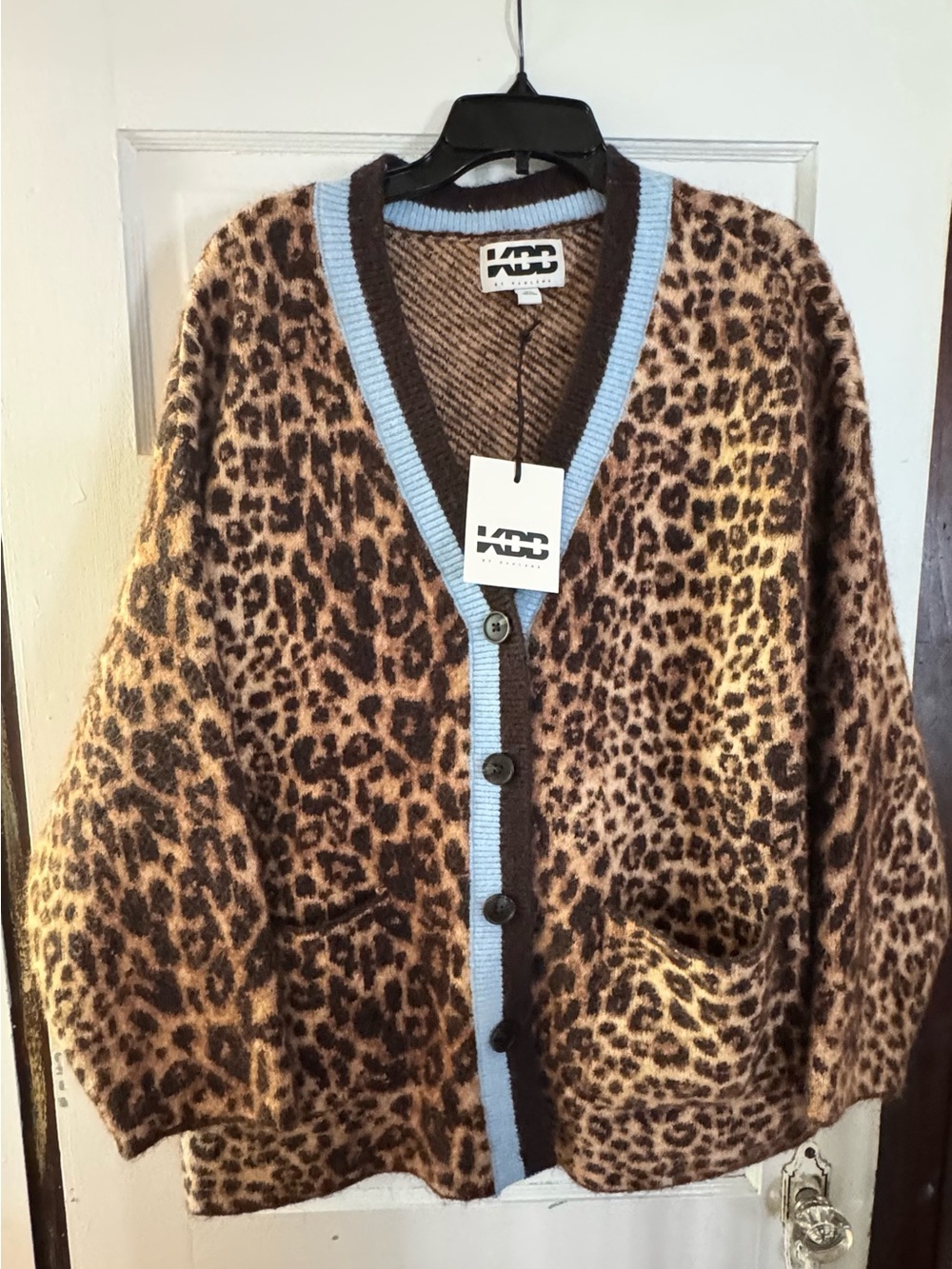 Leopard Print Cardigan with Light Blue Trim
